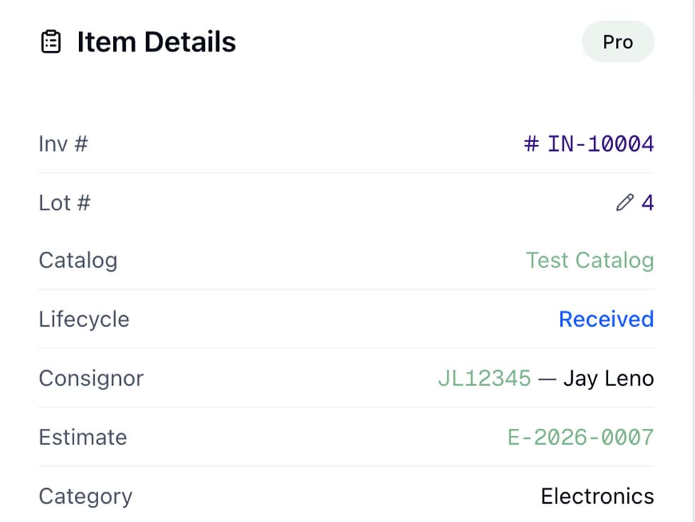 Auction inventory management with categories, locations, and custom fields