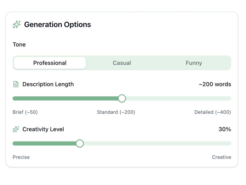 AI listing generation preferences with tone and length customization